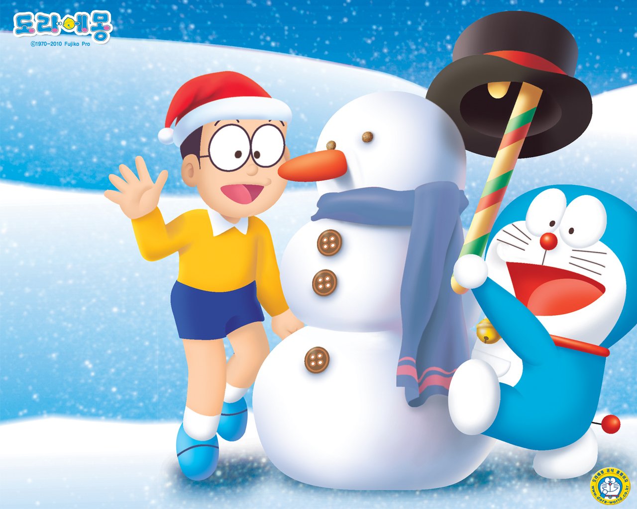 Doraemon and his friend stand happily beside a snowman in a snowy landscape, celebrating the winter season in a cheerful anime style.