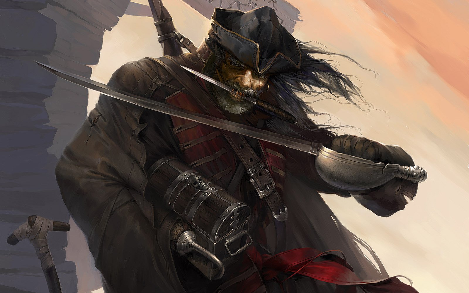 A fearsome pirate with a skull face wields a sword, set against a dramatic sunset. The image embodies elements of fantasy and adventure on the high seas.
