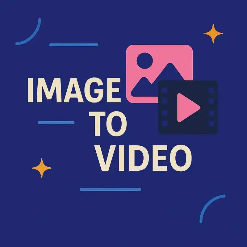Graphic featuring the phrase Image to Video with icons of a picture and a video play button, set against a vibrant blue background. Elements like stars and lines add visual interest.