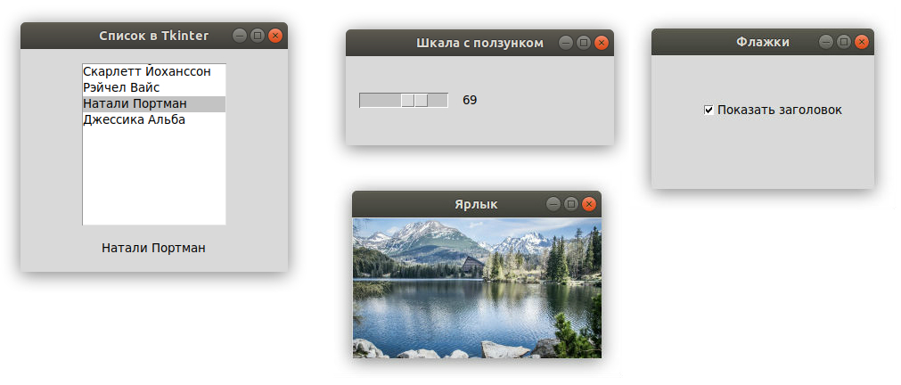 Виджет флажка, шкалы с ползунком и списка