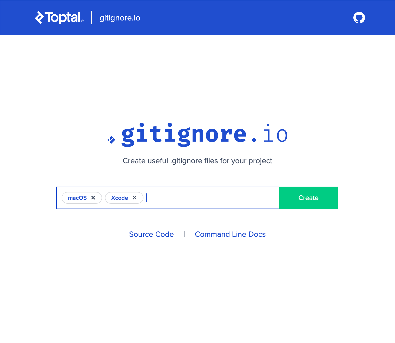 gitignore.io page with "macOS" and "Xcode" in the input field