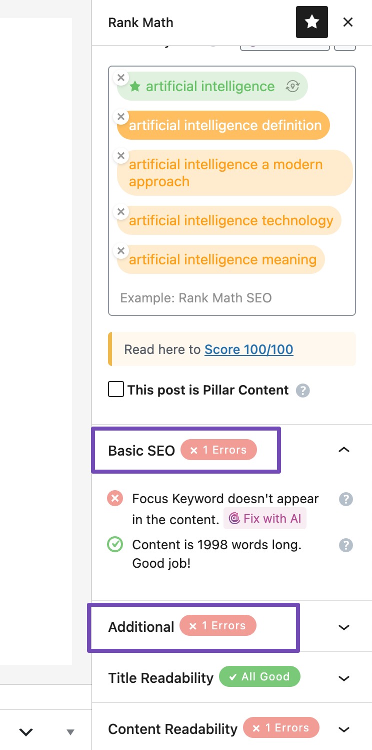 checking tests for additional keywords