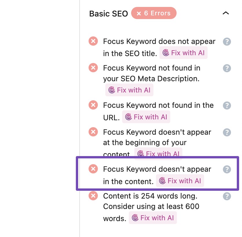 focus keyword appearing in content optimization test