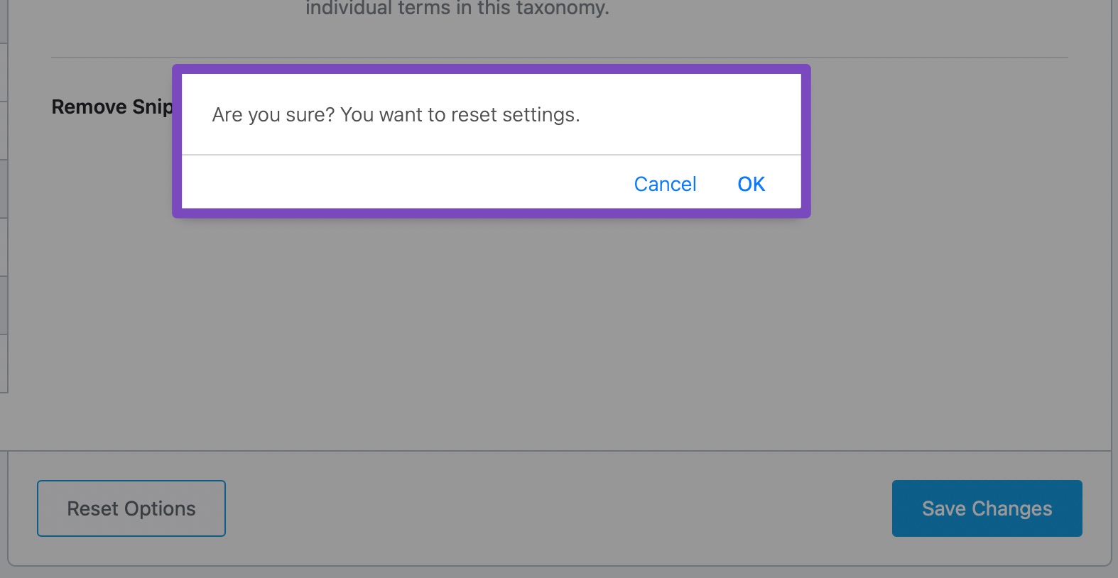Confirmation box for resetting settings