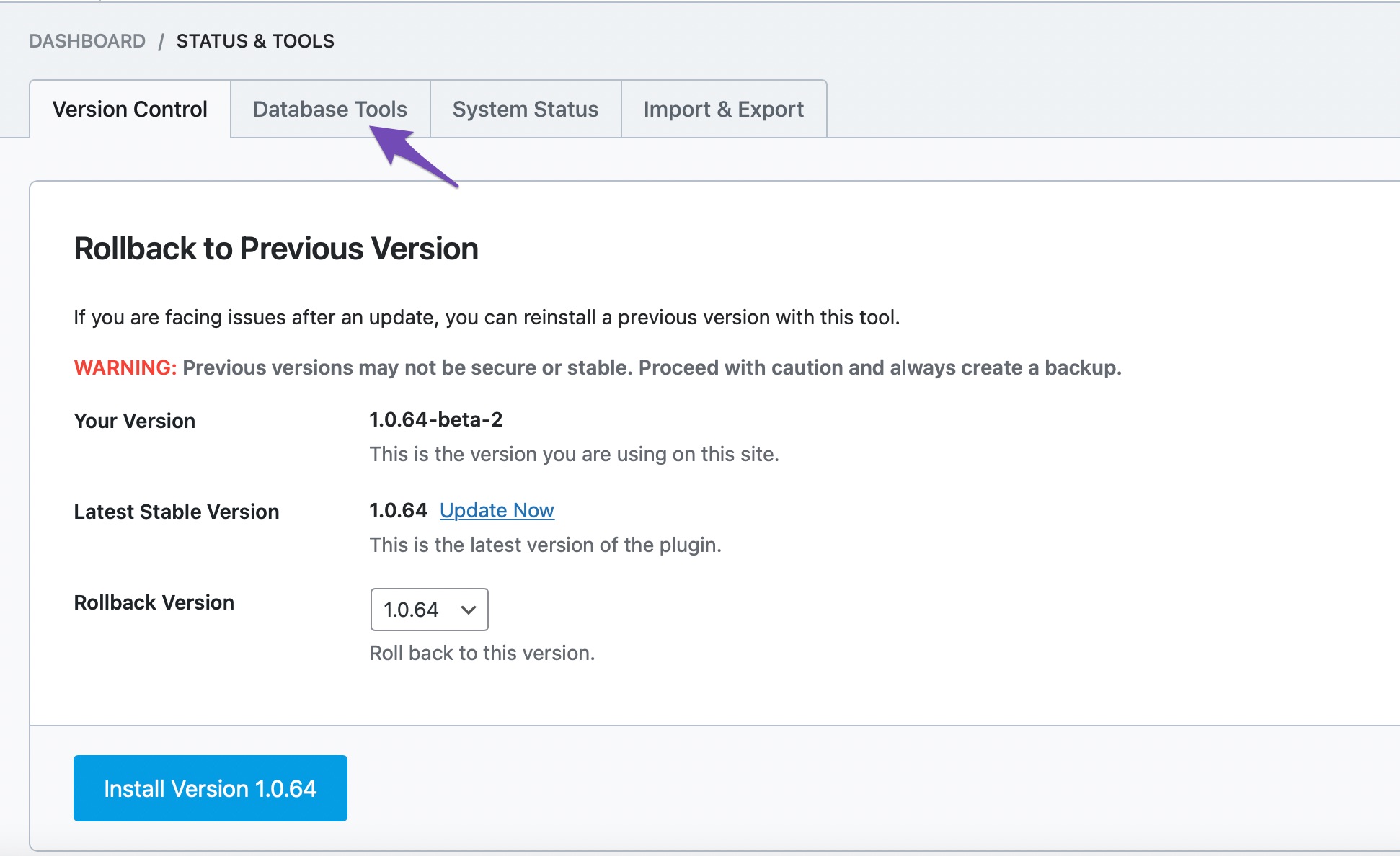 database tools option