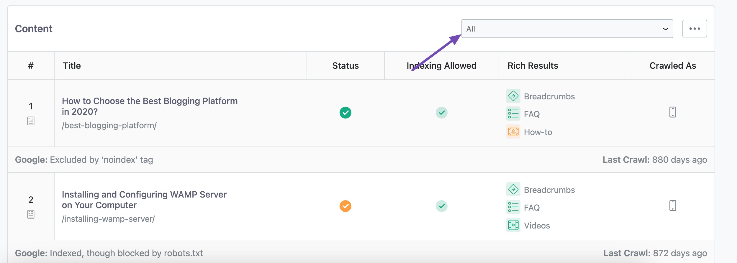 Index status drop-down