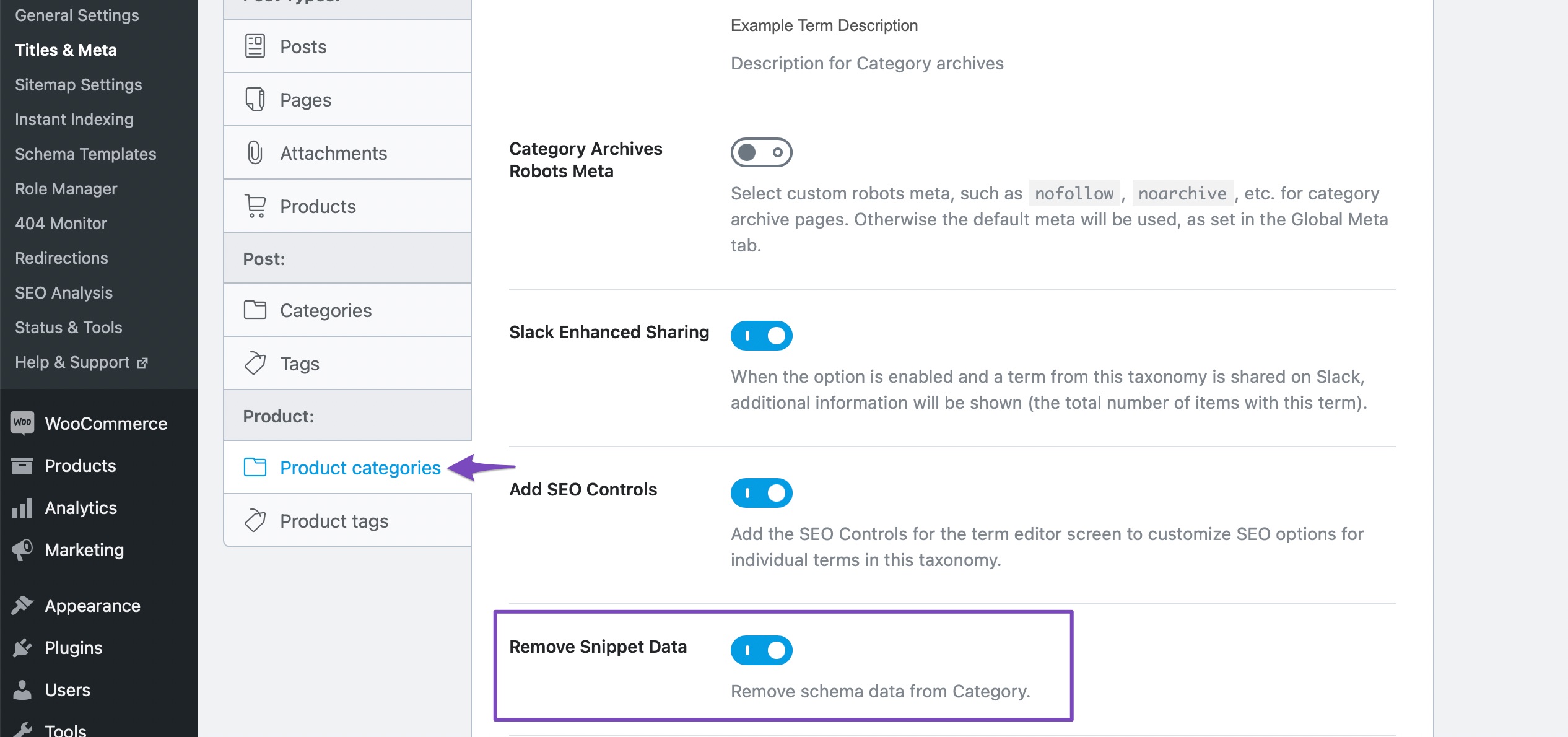 Rank Math option to remove Schema markup code from the shop category pages