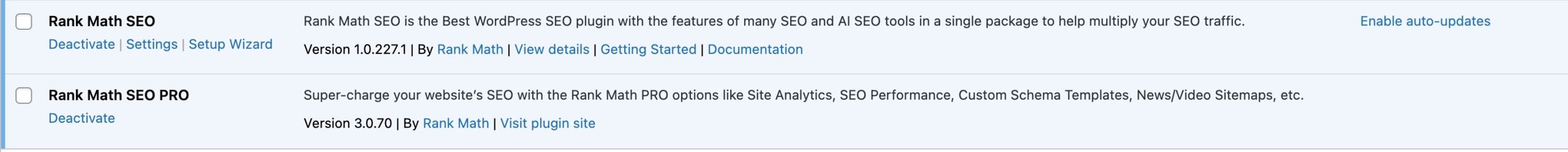 Rank Math Free and PRO version installed