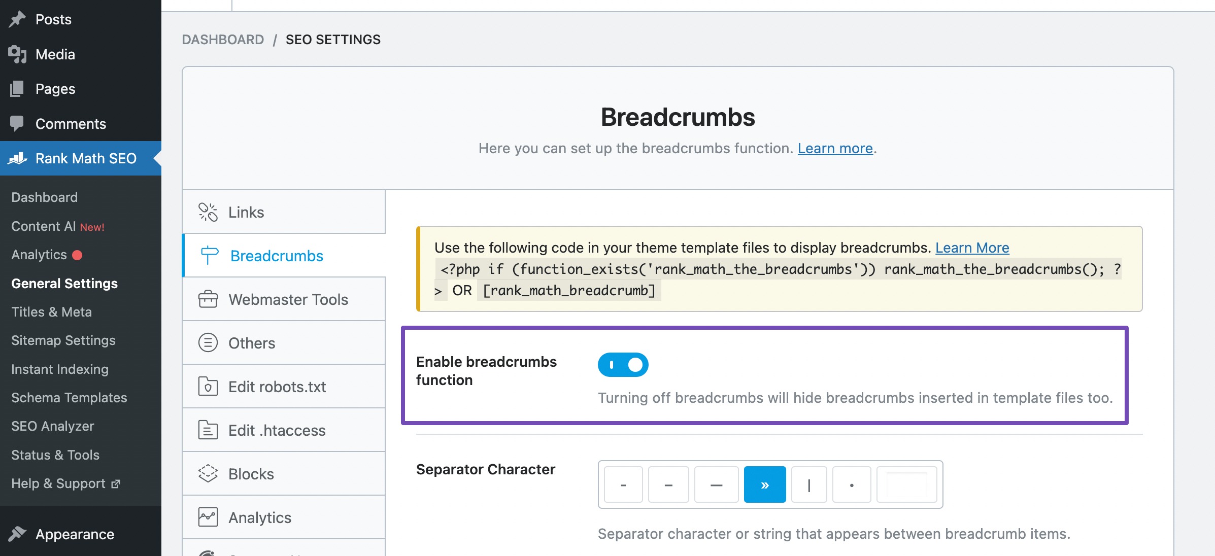 Enable breadcrumbs function in Rank Math