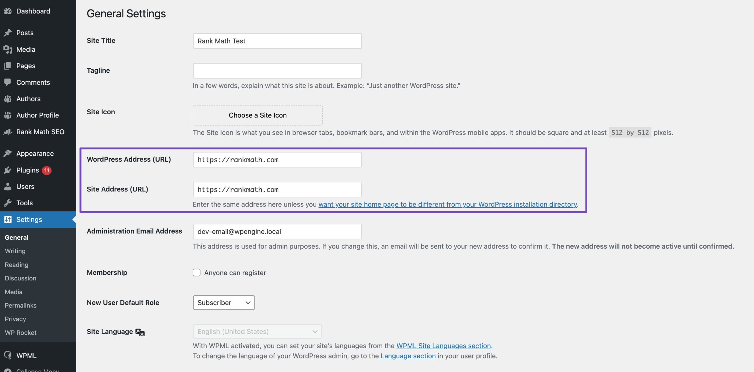 Update Site Address and WordPress Site URL