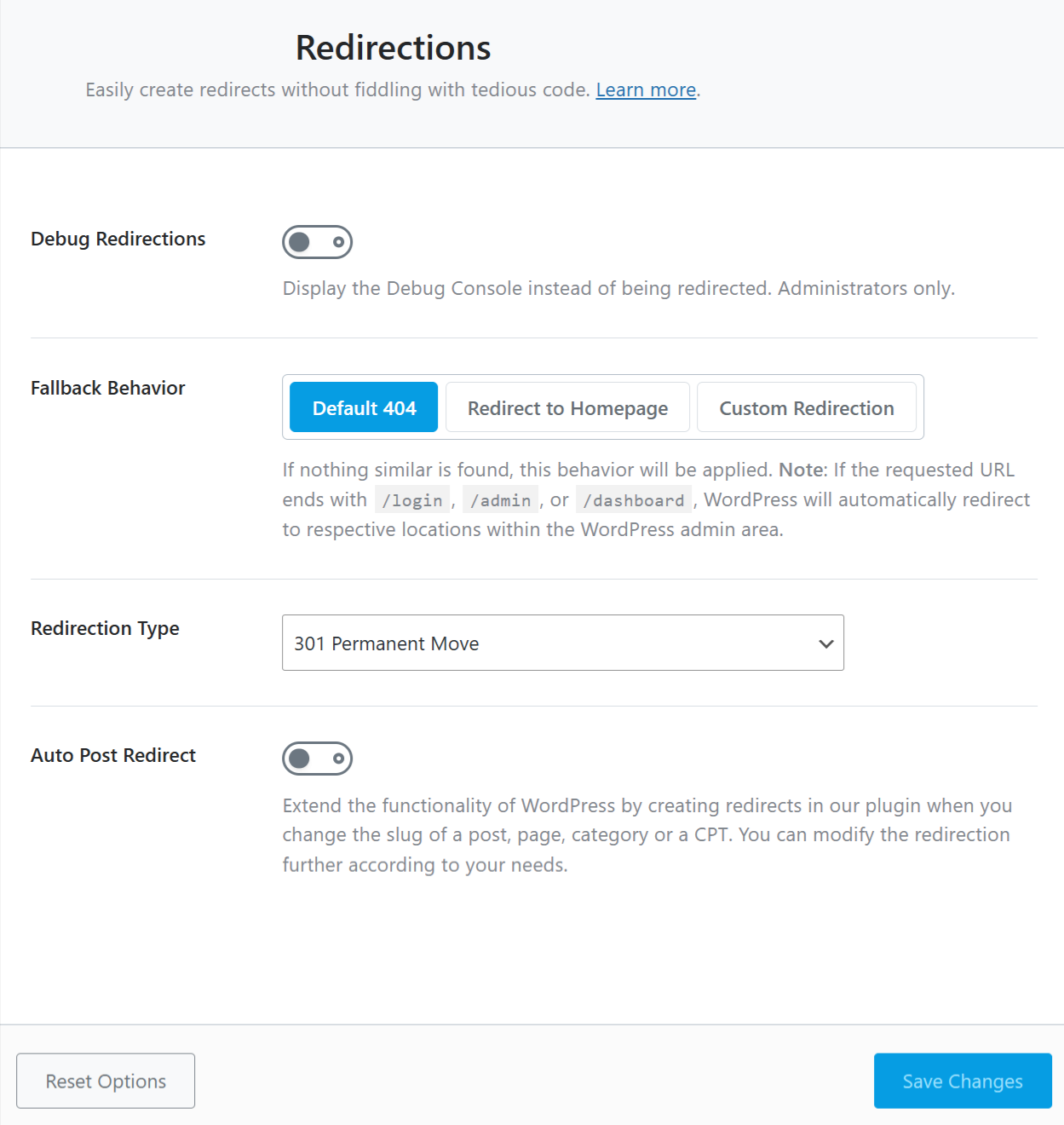 All options in Redirections