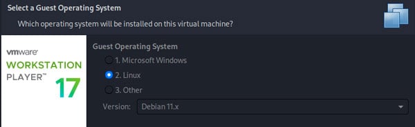 vmware workstation player select Linux OS