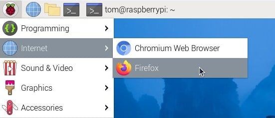 raspberry pi os main menu showing firefox entry