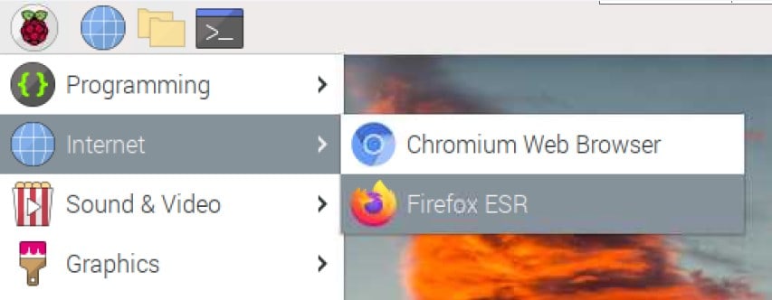 raspberry pi os bullseye showing menu with firefox esr on it