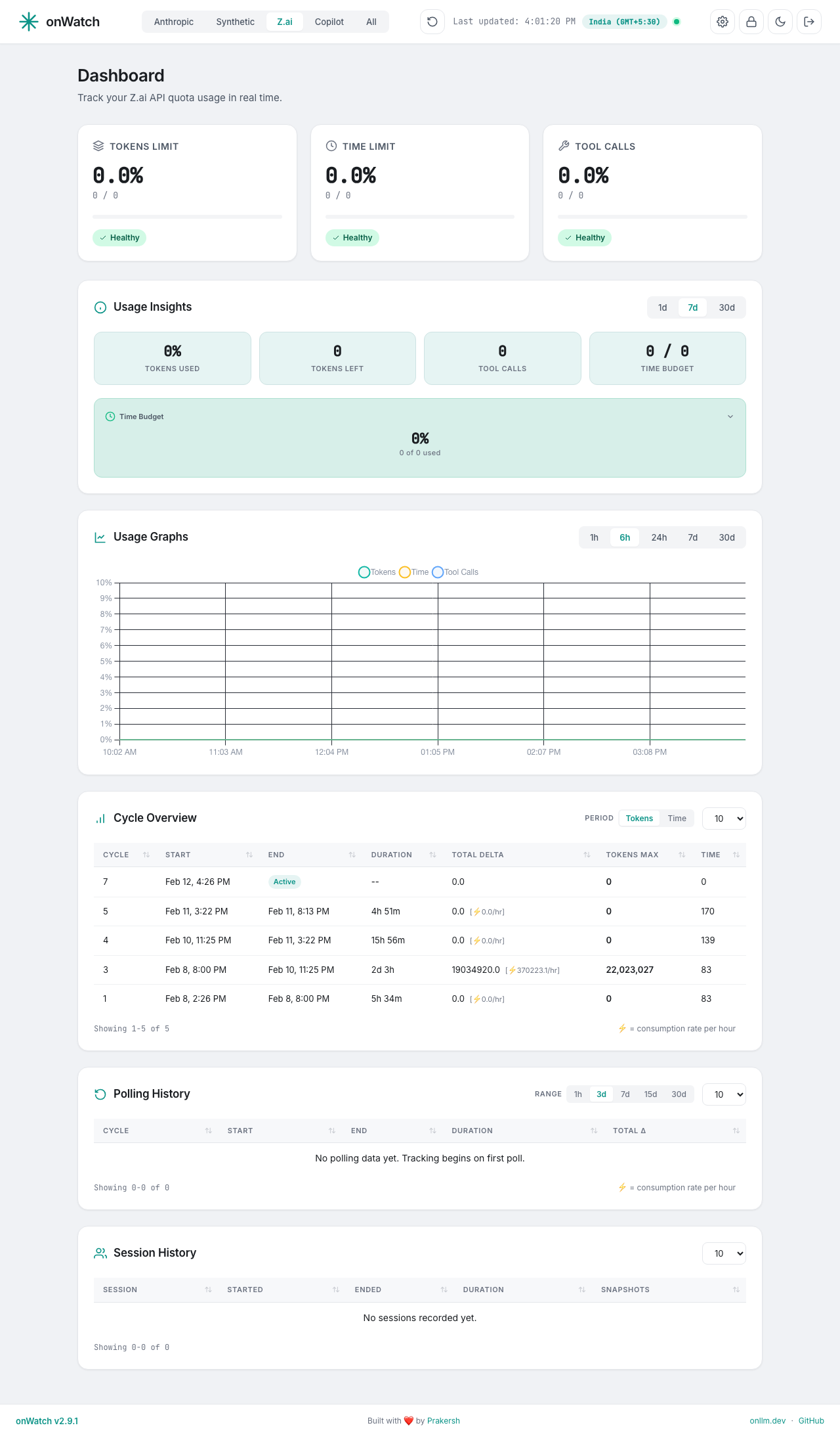 onWatch Z.ai provider dashboard in light mode - tokens and time quotas