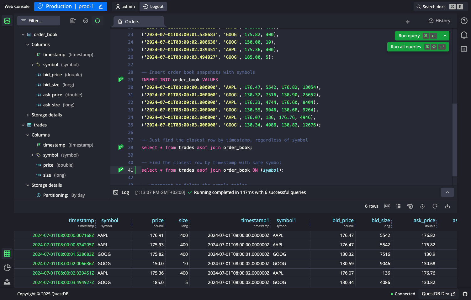 QuestDB Web Console showing a SQL statement and query result