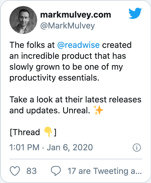 The folks at @readwise created an incredible product that has slowly grown to be one of my productivity essentials.   Take a look at their latest releases and updates. Unreal. ✨  [Thread 👇]