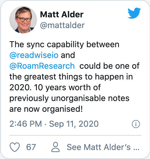 The sync capability between @readwiseio and @RoamResearch  could be one of the greatest things to happen in 2020. 10 years worth of previously unorganisable notes are now organised!