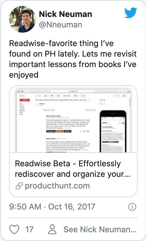 Readwise-favorite thing I’ve found on PH lately. Lets me revisit important lessons from books I’ve enjoyed