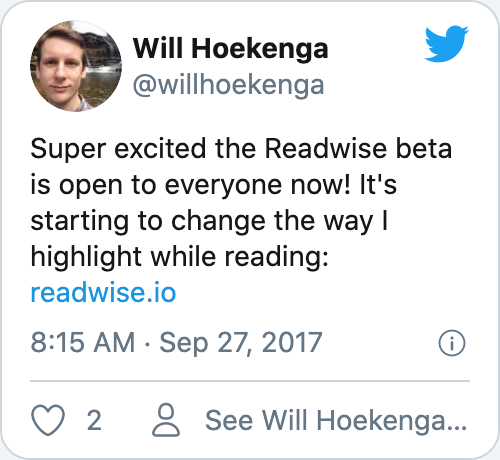 Super excited the Readwise beta is open to everyone now! It's starting to change the way I highlight while reading: https://readwise.io