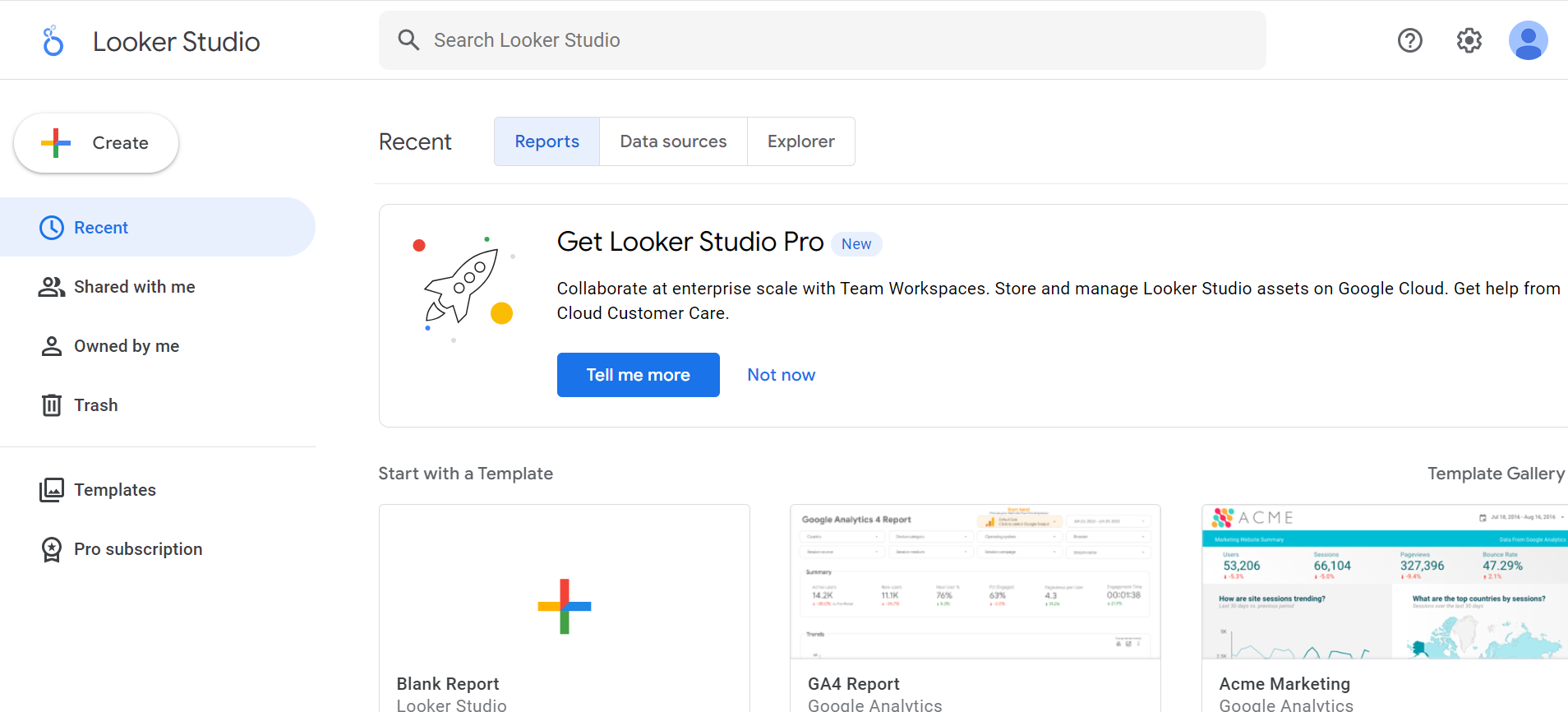 data studio home page
