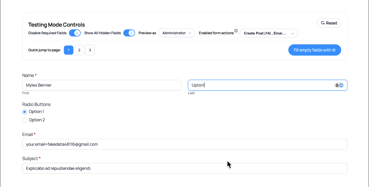 A recording of using the "Reset" button to reset all the fields and selected settings in the form with Formidable Forms Test Mode