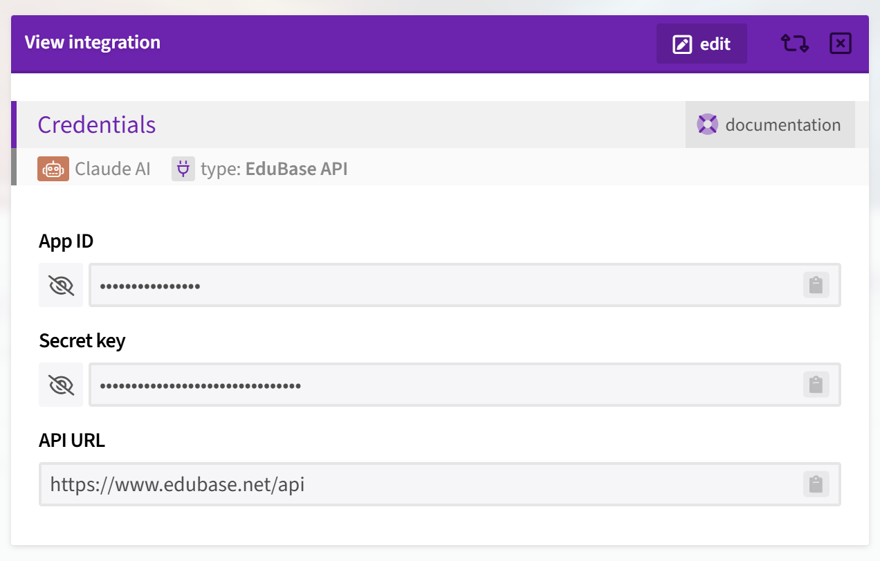 EduBase API credentials page