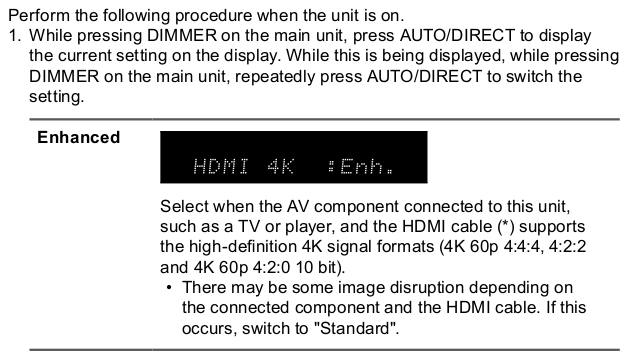 Screenshot showing how to change the HDR setting on a VSX-933.