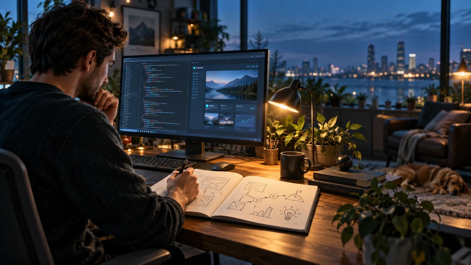 Developer practicing a technical skill with code, a working project, and a learning map