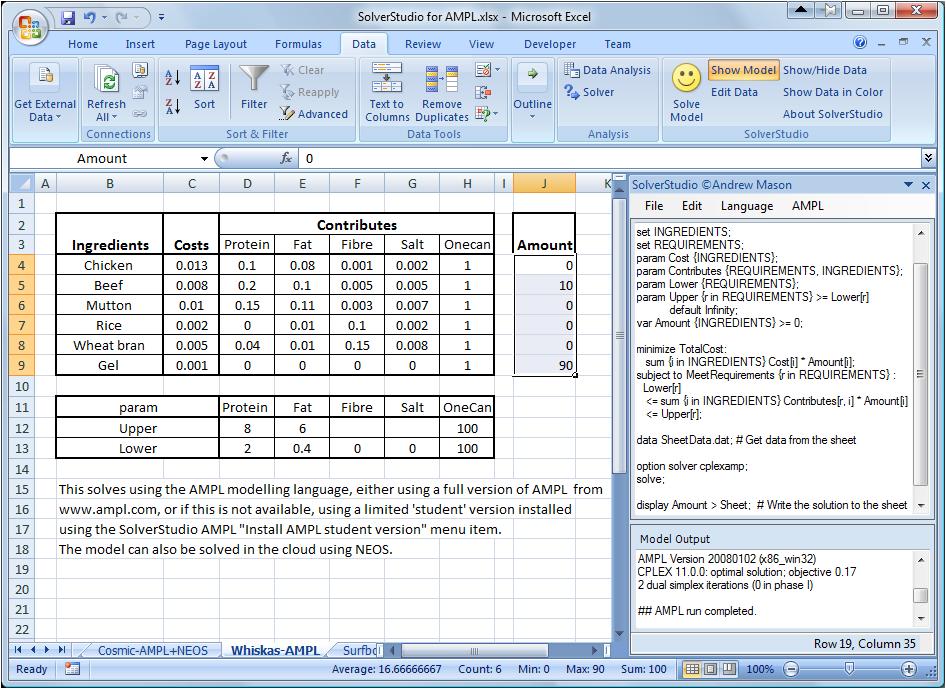 SolverStudio showing Data and Model