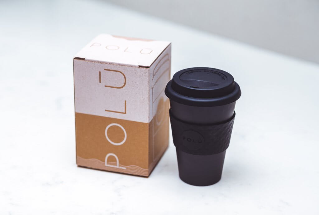 black reusable cup and packaging by polu eco products