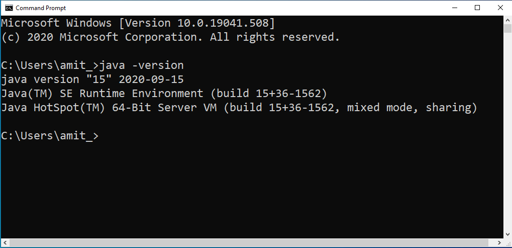 Verify Java 15 installation