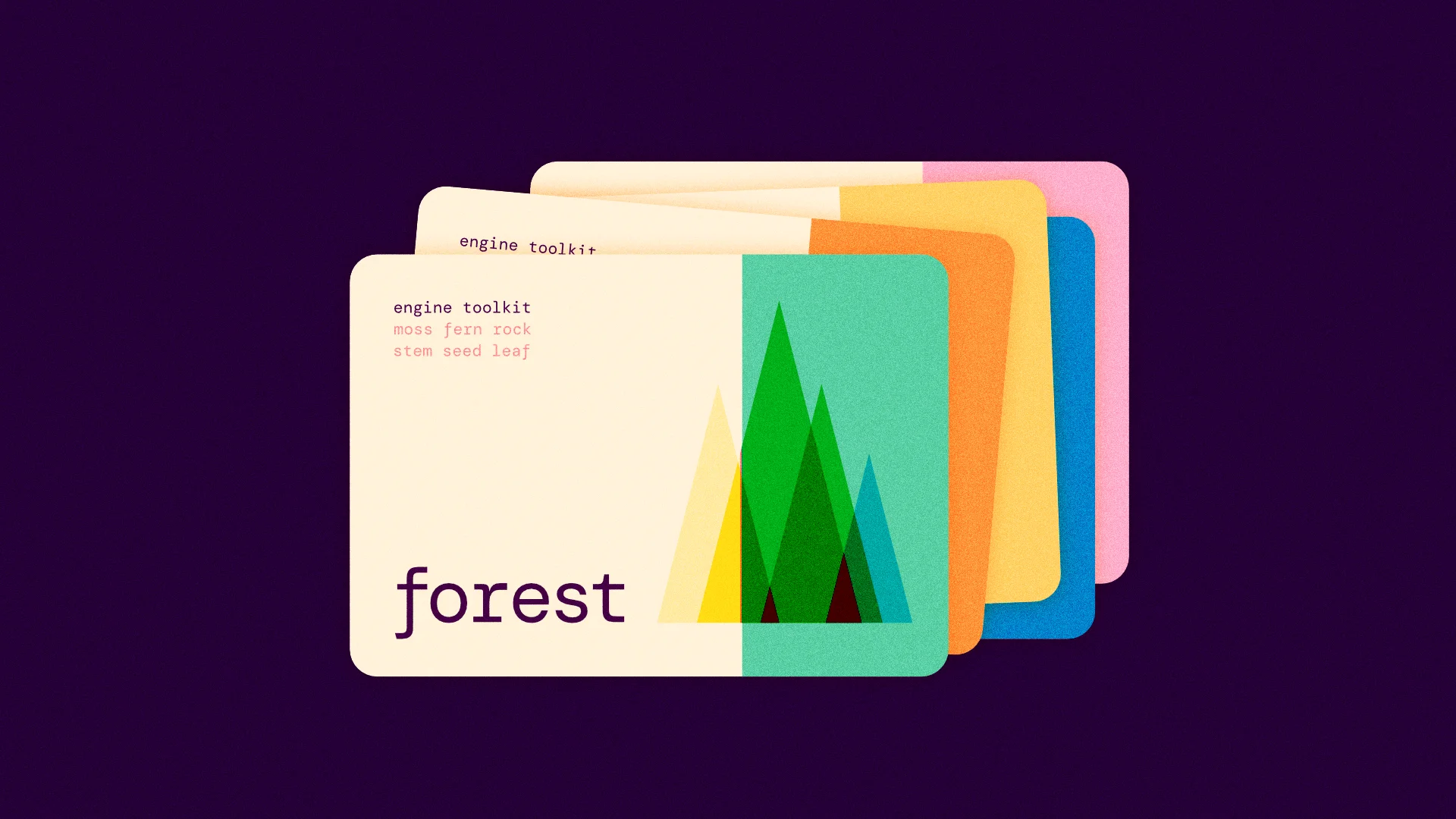 An illustration of a series of stacked cards, where the only visible card has a lithographic print of a series of abstract trees, along with the titular word 'forest' alongside it.