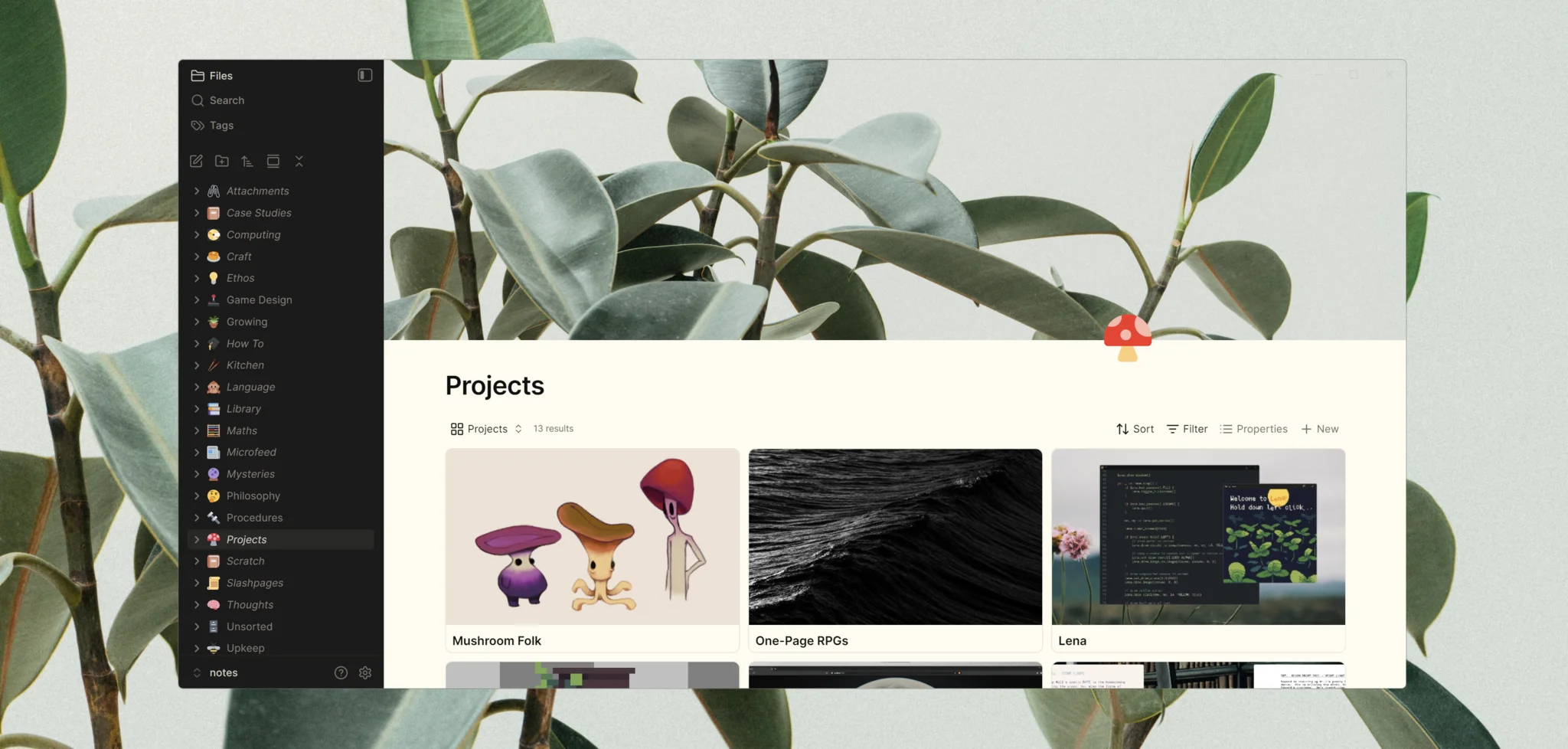 A screenshot of an Obsidian window on a desktop showing a projects dashboard with colourful images and a sidebar of folders with emoji on each of them, such as an abacus on 'maths' and a crystal ball on 'mysteries'.
