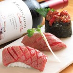 Assorted Platter of 3 Types of Meat Sushi with a Moist Texture, Very Popular