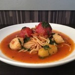 トマトトマト デ ルーチェ - トマト冷静パスタ￥1500「夏にぴったりホタテを使用した和風パスタです♪オリジナルジェノヴェーゼが良く合います♪」