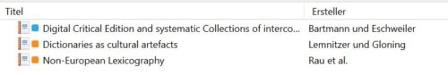 Screeenshot der Zotero-Library der Text+ mit einer Ergebnisliste mit drei Einträgen