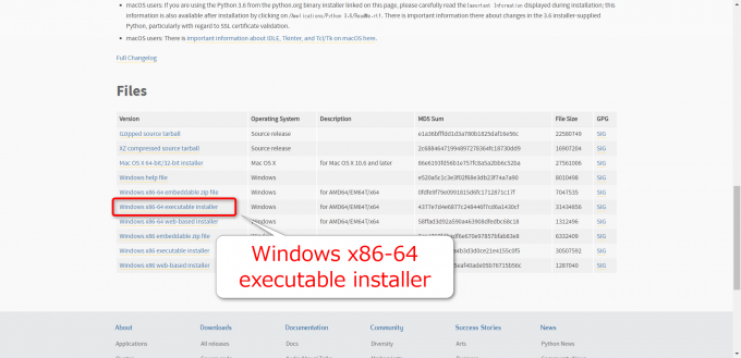Python.orgからWindows64bit版インストーラーをダウンロード