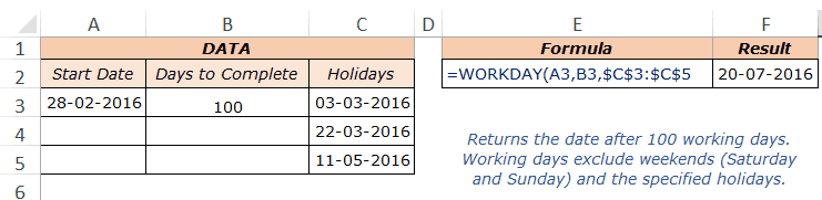 Excel Workday Function - Example 2