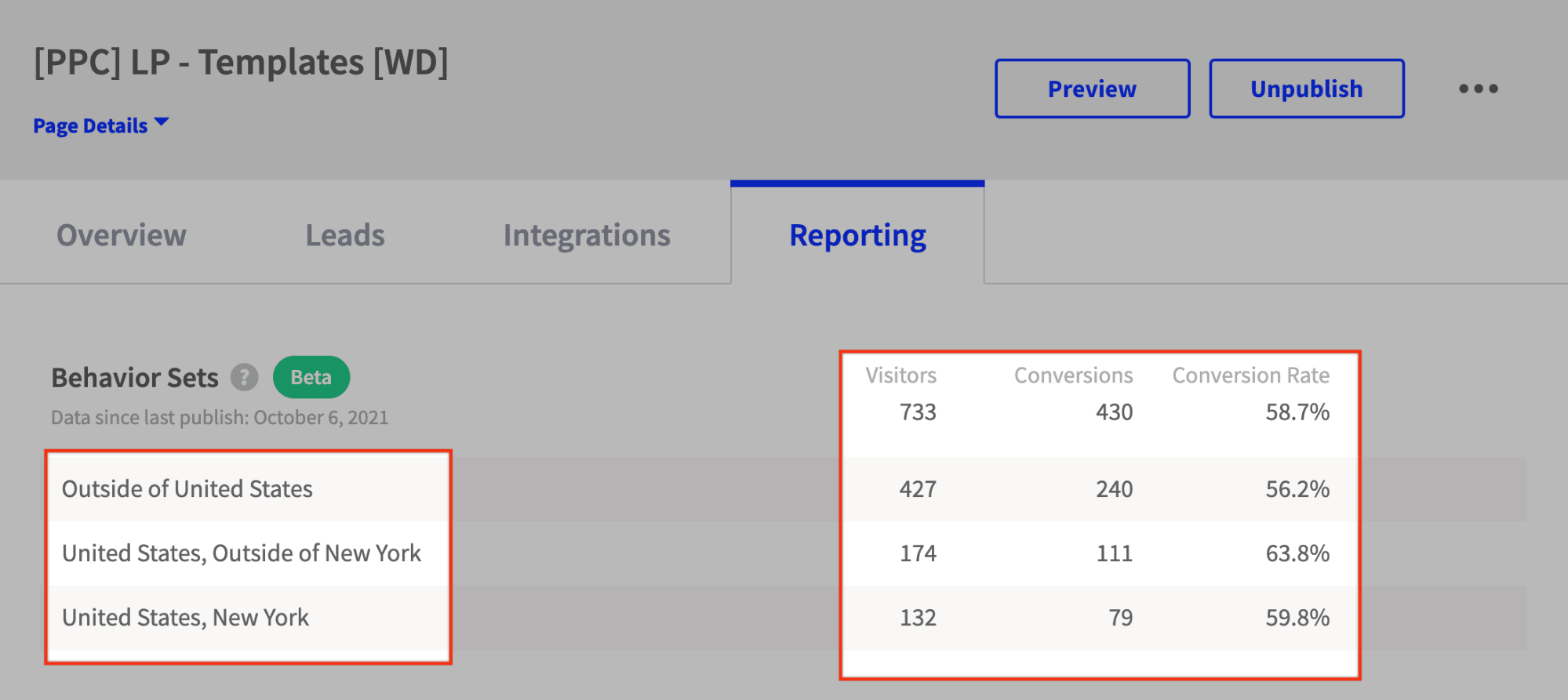 unbounce reporting tab