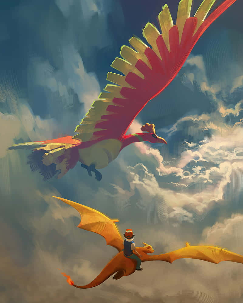 Hooh Con Ash En Charizard Fondo de pantalla