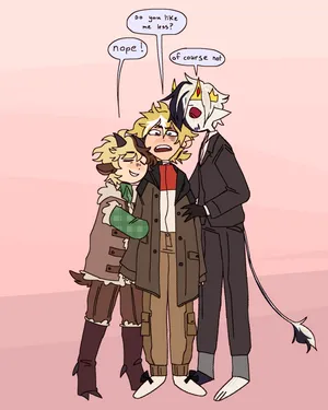 Et tegneserie af tre personer der omfavner hinanden. Wallpaper