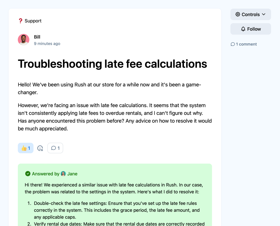 A screenshot of a community for a video rental system called Rush, in which a member has asked a question and received an answer from another member.