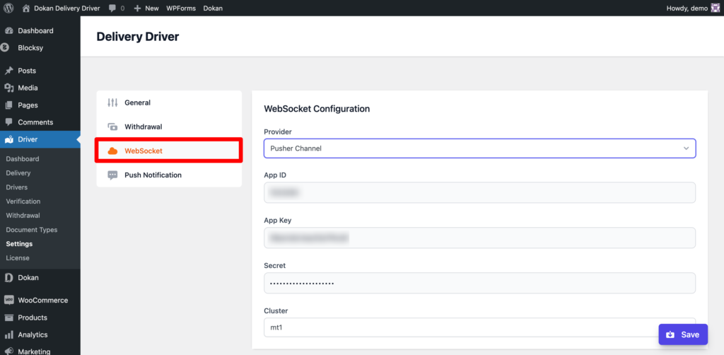 This image shows Delivery Driver plugin Websocket Pusher settings