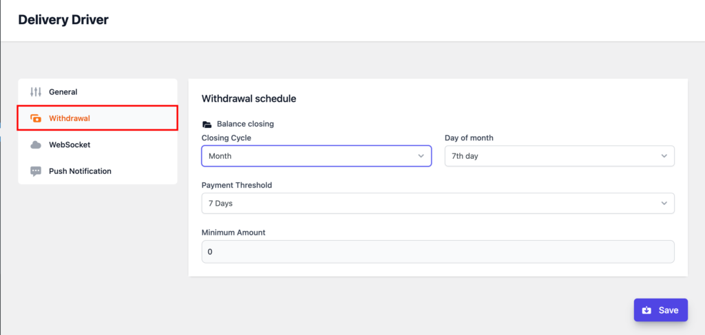 This screenshot shows Delivery Driver Plugin Withdrawal month settings