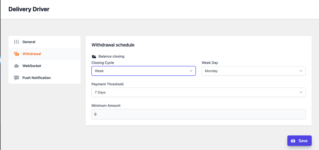 This image shows Delivery Driver Plugin Withdrawal week settings