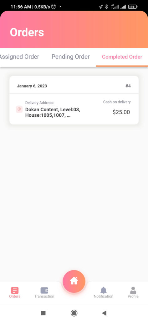 This image shows Dokan Delivery Driver App completed order