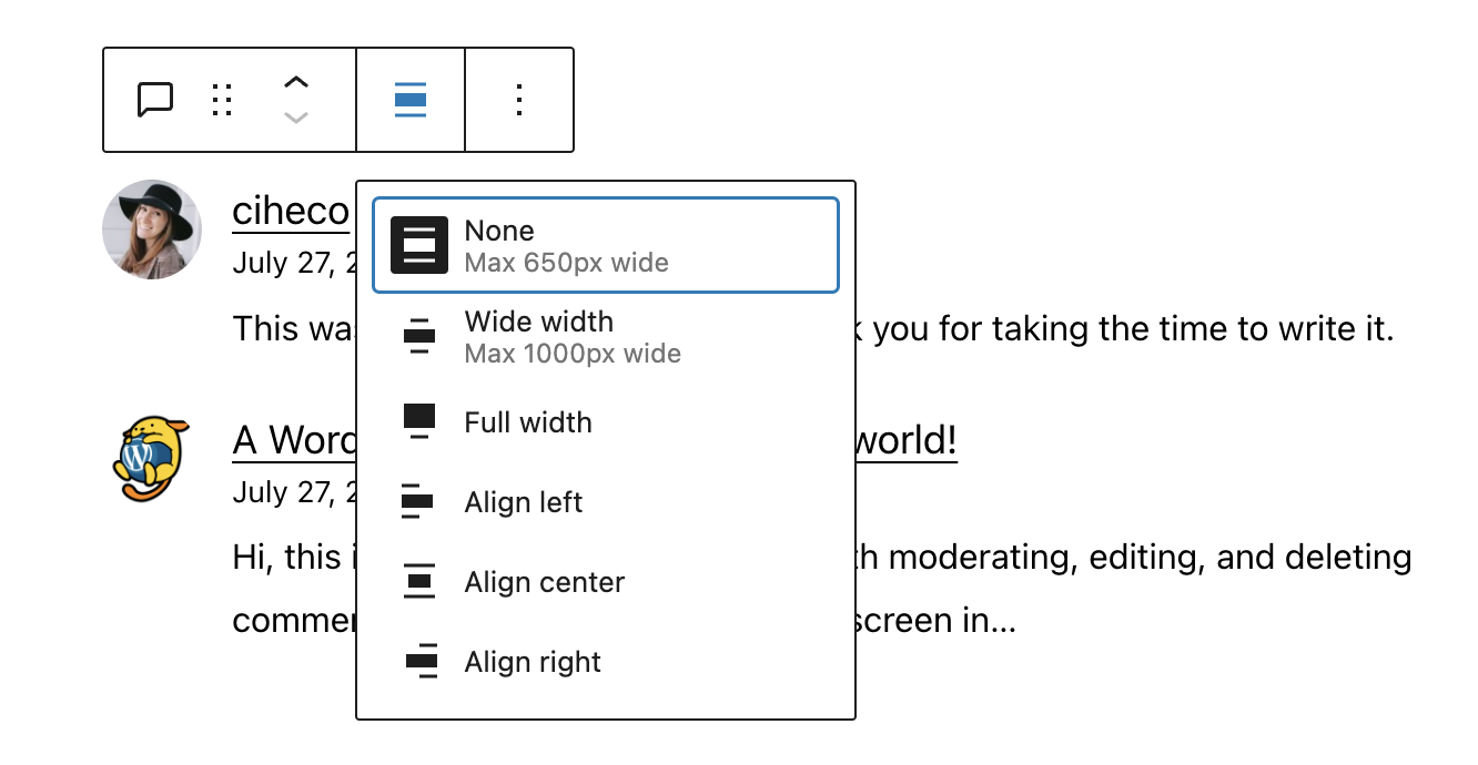 Alignment controls for the latest comments block