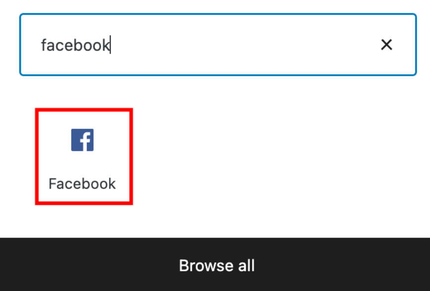 Inserting a Facebook embed block using the keyboard shortcut.
