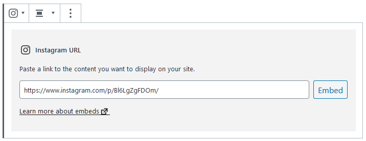 Screenshot of Unstagramand the correct URL to copy to use the embed block.